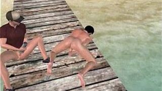 Horny 3D cartoon hunks having anal sex on the beach porn video
